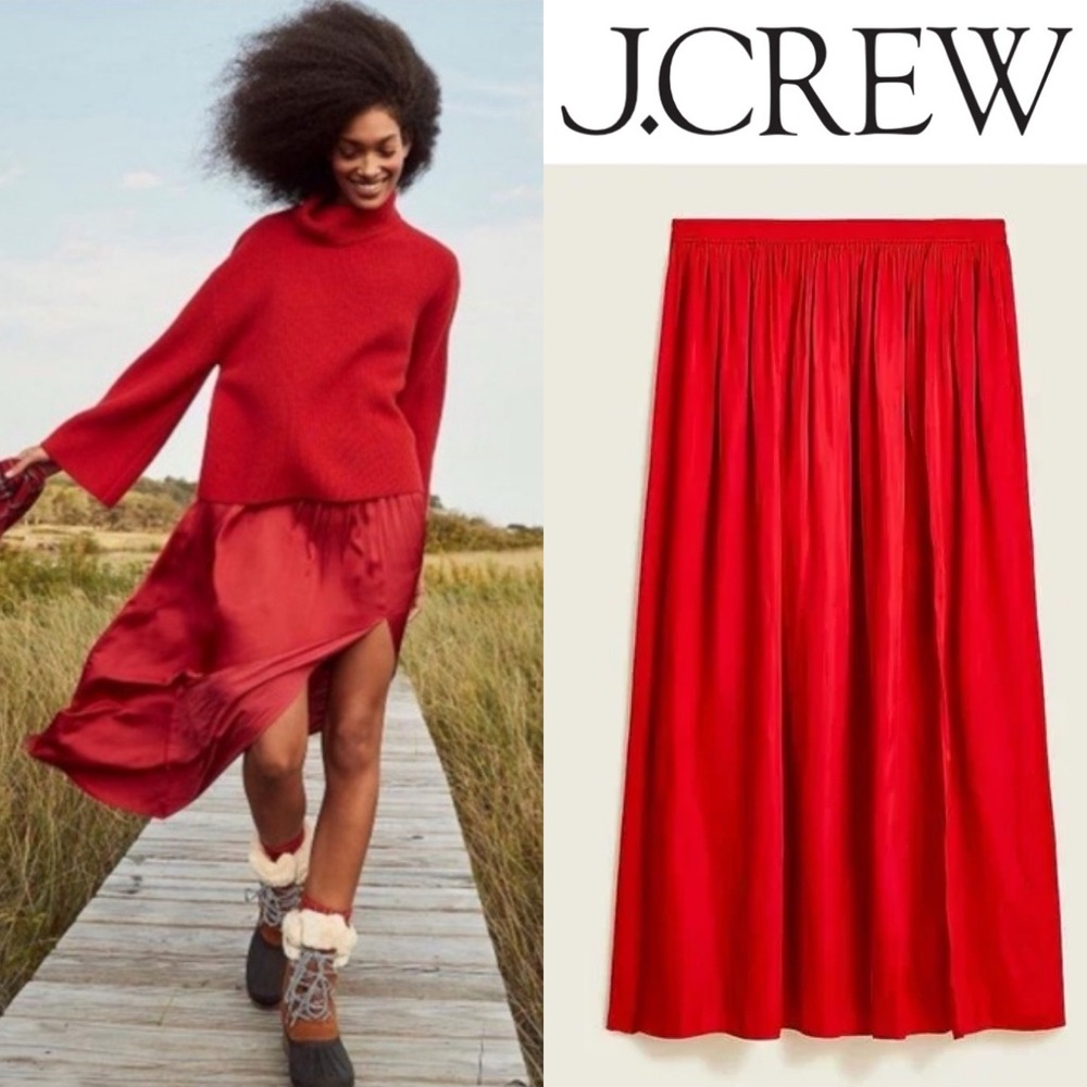 NWT J Crew Side Slit Featherweight Satin Maxi Skirt Ruby Red Size 0 BD520 Boho